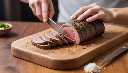Naklejka premium slicing a serving of organic roast beef roll with knife on wood table with garlic pepper and salt in melbourne australia