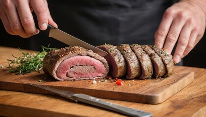 Obraz premium slicing a serving of organic roast beef roll with knife on wood table with garlic pepper and salt in melbourne australia