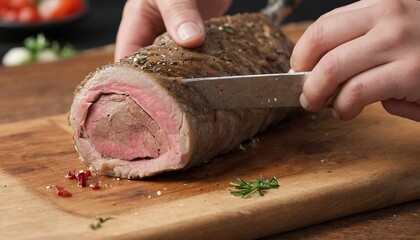 slicing a serving of organic roast beef roll with knife on wood table with garlic pepper and salt in melbourne australia - obrazy, fototapety, plakaty
