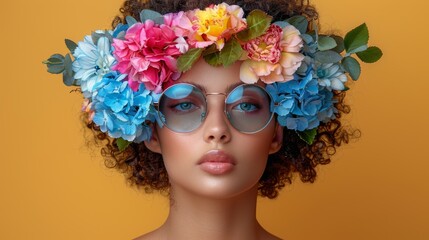 a close up of a mannequin with flowers on it's head and sunglasses on it's face.