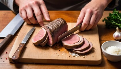 Fototapeta premium slicing a serving of organic roast beef roll with knife on wood table with garlic pepper and salt in melbourne australia