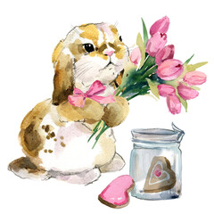 Cute watercolor baby bunny with flowers bouquet - 766200121