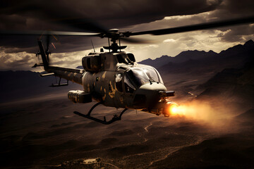 AH-1 Cobra Attack Helicopter - Embodiment of Aerial Power and Precision over Rugged Terrain