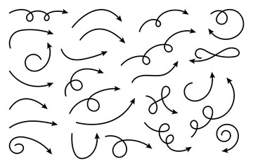 Collection of thin line arrows. Set simple curved hand drawn arrows. Collection of pointers. - obrazy, fototapety, plakaty