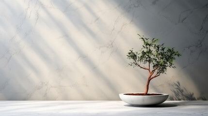 Stone table product display podium with bonsai, eucalyptus, nature leaves and branch on white wall marble granite background. interior room studio design.