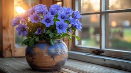  a vase filled with purple flowers sitting on top of a wooden window sill next to a window sill.