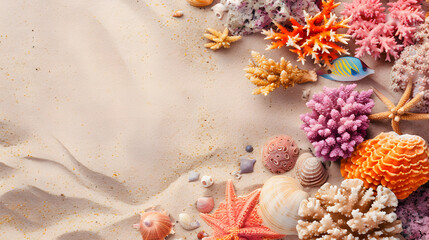 beautiful arrangements and piles of colorful coral on aesthetic beach sand with copy space