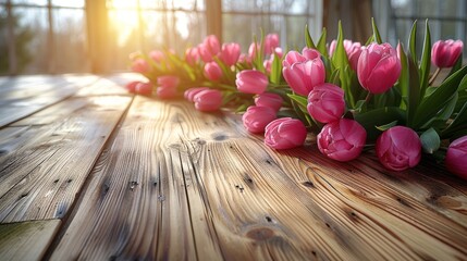  a bunch of pink tulips sitting on a wooden table with the sun shining through the window behind them.