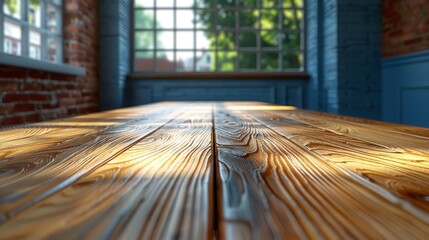  a close up of a wooden table in a room with a brick wall and a window in the back ground.