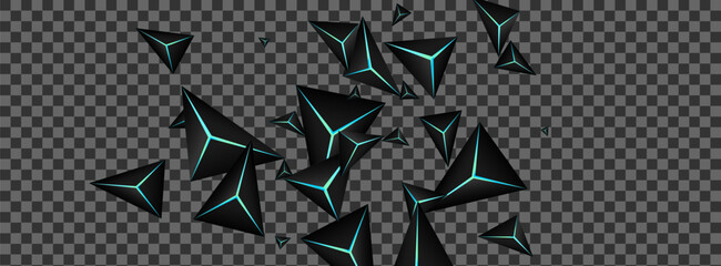 Jet Black Crystal Background Transparent Vector. Obsidian Polygon Gradation. Prism Design Backdrop. Blue Neon Vertex Card.