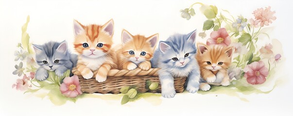 A group of kittens in a basket, one peeking out, one sleeping, and one trying to climb out, on 100% flat white background, children book watercolor clipart - obrazy, fototapety, plakaty