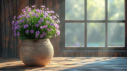  a vase filled with purple flowers sitting on top of a wooden table next to a window with a wooden curtain.