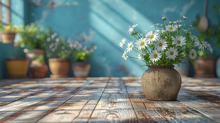  a vase filled with daisies sitting on top of a wooden table in front of potted plants on either side of the table.