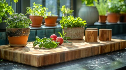 Fototapeta na wymiar a wooden cutting board topped with potted plants next to a potted plant on top of a window sill.