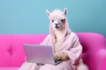 relaxed lama holds a laptop in his hands on a pastel color background