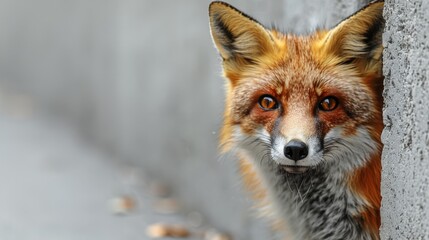 a close up of a fox's face peeking out from behind a concrete wall and looking at the camera.