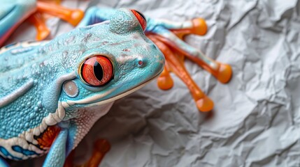  a close up of a toy frog on a piece of paper with a toothbrush in it's mouth. - obrazy, fototapety, plakaty