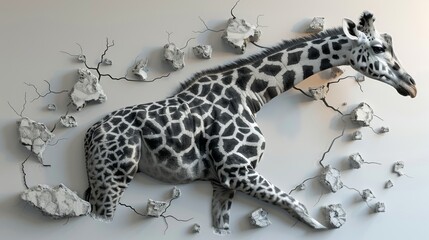  a sculpture of a giraffe laying on the ground next to a wall of cracked up rocks and branches.