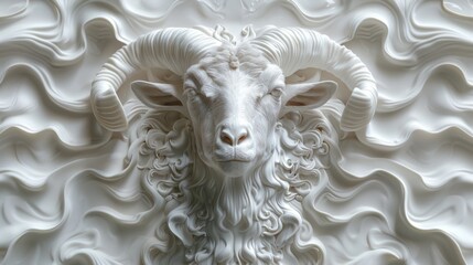  a sculpture of a ram's head is shown in a wavy, white, wavy - like pattern on a wall.