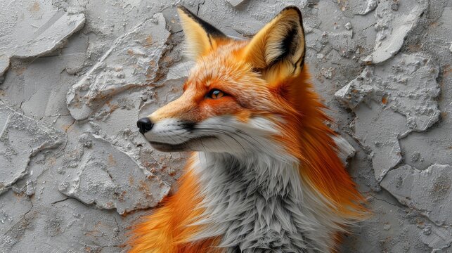  a close up of a red fox's head on a stone wall with paint chipping off of it.