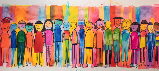 a child's drawing of a group of people with different colours of clothes. Children scribbles. Funny...