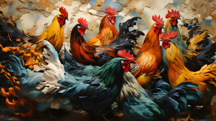 Chicken Frenzy: A Colorful Depiction of Farmyard Life and Nature's Vibrancy