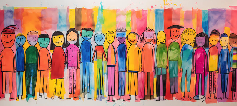 a child's drawing of a group of people with different colours of clothes. Children scribbles. Funny cartoon character
