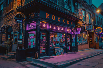 A cool and edgy music store with a black and purple exterior and a sign that says "ROCK ON"