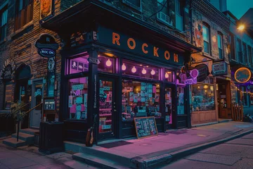 Papier Peint photo autocollant Magasin de musique A cool and edgy music store with a black and purple exterior and a sign that says "ROCK ON"