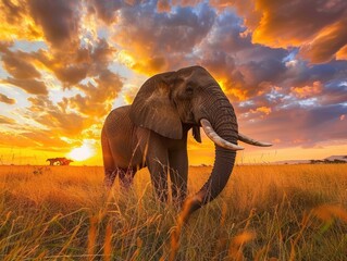 A majestic elephant stands in the foreground of a breathtaking savanna sunset, with the sky ablaze in shades of orange and yellow, and another elephant visible in the distance.