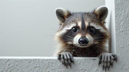  a close up of a raccoon looking out of a window with its paws on the edge of the window.