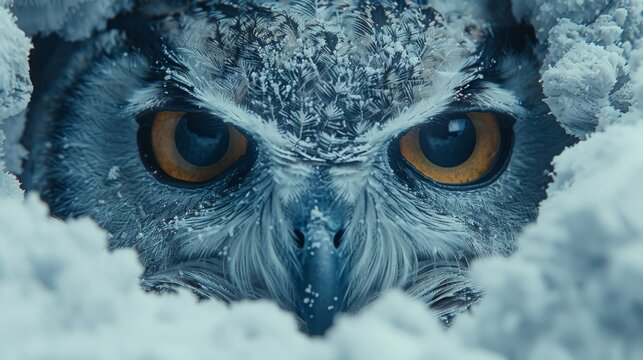  a close up of an owl's face with snow on its head and orange eyes in the foreground.