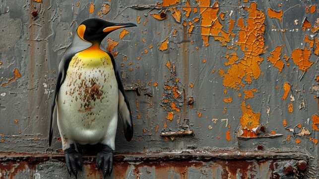  a close up of a penguin on a wall with paint peeling off of it's paint chippings.