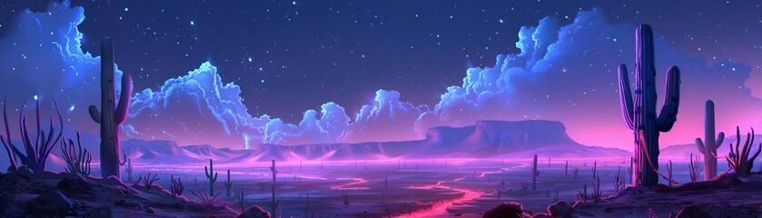 A surreal desert scene where pink cacti stand tall against a river of glowing lava, under a starlit sky, blending the harsh with the delicate , hyper realistic