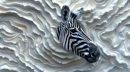Fototapeta premium a close up of a zebra's head in front of a background of wavy, white, and black material.