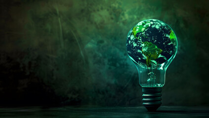 An illustration of a light bulb with the Earth inside, symbolizing sustainable energy and environmental care. This concept represents green energy with a focus on protecting the Earth. Copy space.