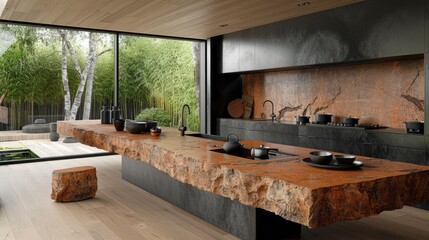  a kitchen with a large stone counter top next to a dining room table with black plates and bowls on it.