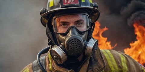 Portrait of a fireman in a gas mask on a background of flames