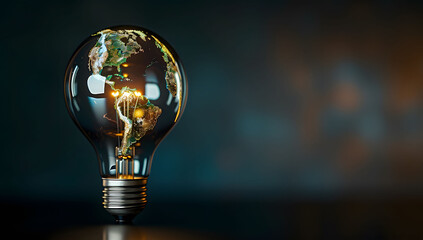 An illustration of a light bulb with the Earth inside, symbolizing sustainable energy and environmental care. This concept represents green energy with a focus on protecting the Earth. Copy space.