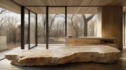 a bed made out of a rock in a room with a large window and a view of a wooded area.