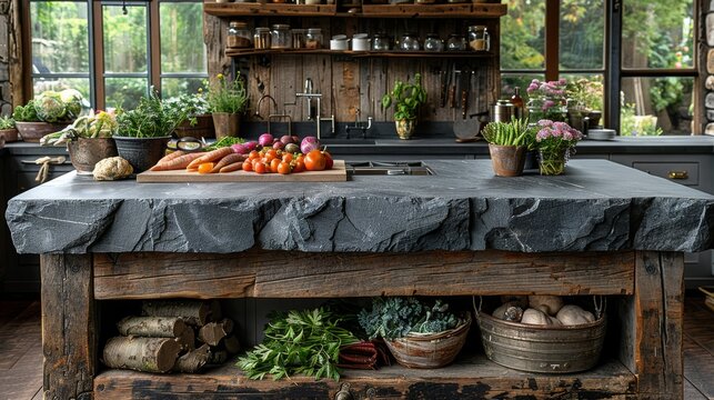  a kitchen filled with lots of potted plants next to a table with a cutting board on top of it.