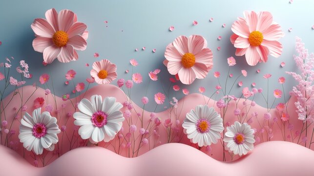 pink and white cosmos flowers on a soft pastel background