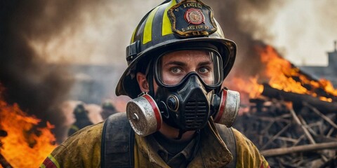 Fireman in a gas mask on a background of a burning building. - obrazy, fototapety, plakaty