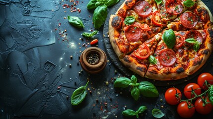  a pizza sitting on top of a table next to a bowl of pepperoni and a slice of tomato on top of it. - obrazy, fototapety, plakaty