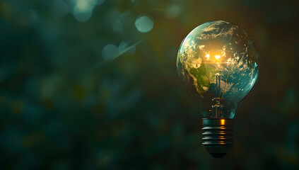 An illustration of a light bulb with the Earth inside, symbolizing sustainable energy and environmental care. This concept represents green energy with a focus on protecting the Earth. Copy space.