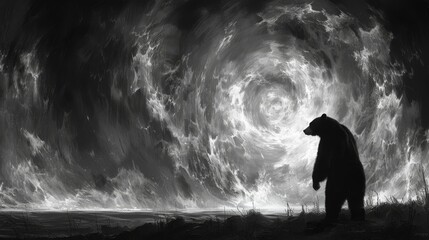  a black and white photo of a bear standing in front of a swirl of smoke and water in a black and white photo.