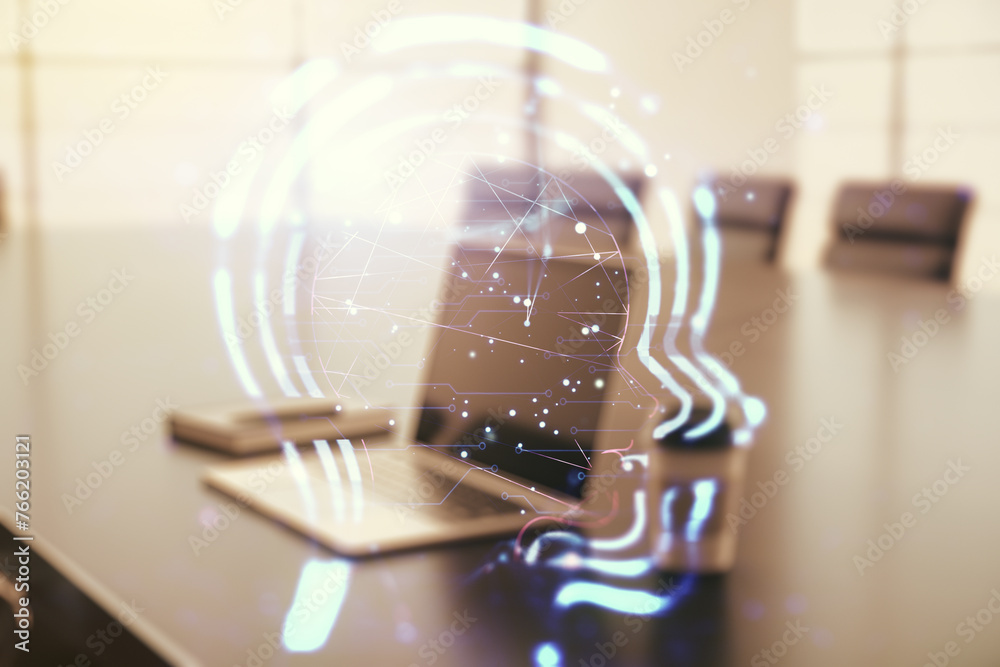 Aufkleber creative artificial intelligence concept with human head sketch on modern computer background. doubl