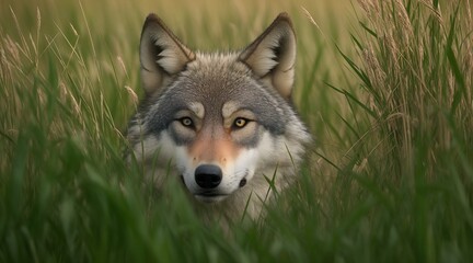 Obraz premium A majestic wolf with curious eyes peeks out from behind a patch of tall grass, blending seamlessly with its natural surroundings.