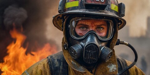 Firefighter in a gas mask in a fire. Firefighters extinguish a fire. - obrazy, fototapety, plakaty