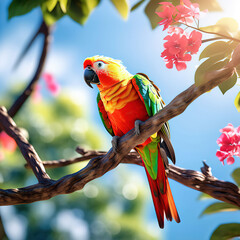 Scarlet macaw parrot (Ara macao) sitting on tree branch in the rainforest